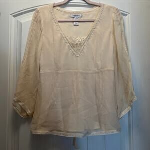Nine West Women’s 100% Silk V-Neck Tie Back Summer Tunic Top Blouse Size 8 Beige
